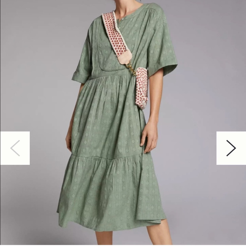 Anthropologie Fern Tiered Sage Green Textured Button Ikat Midi Maxi Dress